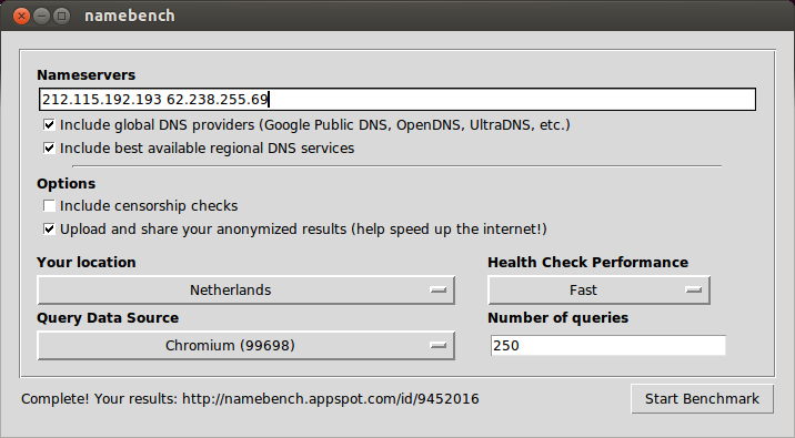 Namebench screenshot on Ubuntu 13.04 Raring Ringtail